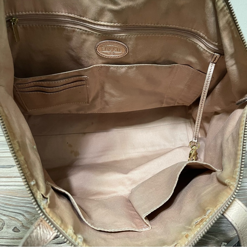 Fossil Sydney Shopper Tote Shoulder Bag Cowhide Leather Metallic Gold Zip Close - Picture 9 of 16
